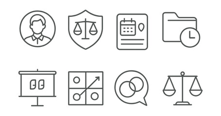 Line style icons of source evaluation skills: author background icon, bias scale badge, date and context tag, publication history file, quote integrity board, organization intent chart, media bias