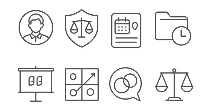 Line style icons of source evaluation skills: author background icon, bias scale badge, date and context tag, publication history file, quote integrity board, organization intent chart, media bias