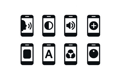 Fototapeta premium Solid style icons of mobile accessibility: voice command, contrast toggle, screen reader, zoom feature, haptic feedback, large text, color filter, accessibility badge.