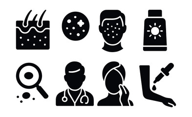 Solid style icons of dermatology: skin icon, rash patch, acne chart, sunscreen bottle, mole check, dermatologist, skincare routine, allergy test.