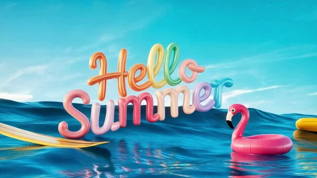 Enjoy summer vibes by the ocean with colorful floats and a bright sunny sky