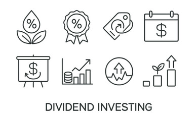 Line style icons of dividend investing: dividend yield icon, payout ratio badge, reinvest tag, dividend calendar file, DRIP plan board, income stream chart, stable stock bubble, dividend growth