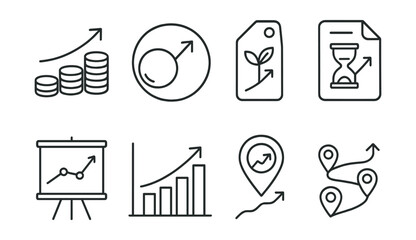Line style icons of long-term wealth building: compounding icon, retirement snowball badge, steady growth tag, patience pays file, time in market board, accumulation phase chart, milestone tracker