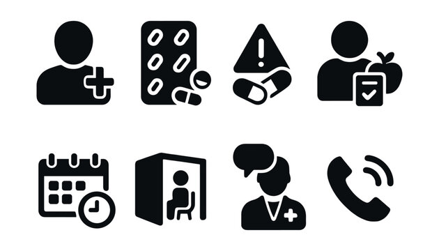 Solid style icons of pharmacy consultation: patient profile, medication review, interaction warning, lifestyle advice, dosage schedule, privacy room, pharmacist advice, call back icon.