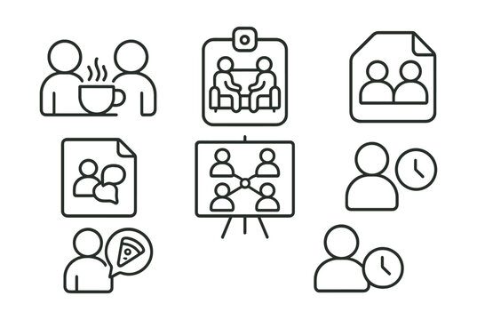 Line style icons of virtual break rooms: coffee chat icon, lounge badge, informal talk tag, quick chat file, virtual meet-up board, casual connection chart, refreshment break bubble, decompress