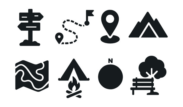 Solid style icons of outdoor navigation: trail marker, hiking route, waypoint pin, altitude climb, terrain map, campsite icon, compass rose, rest stop.