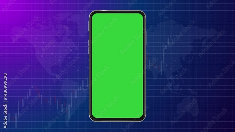 Poster mobile phone empty green screen smartphone background candle stick chart futuristic global map appli