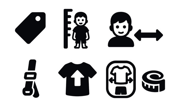 Solid style icons of kids’ clothing sizes: size tag, growth chart, age label, stretch band, adjustable strap, size up icon, fit guide, measuring tape.