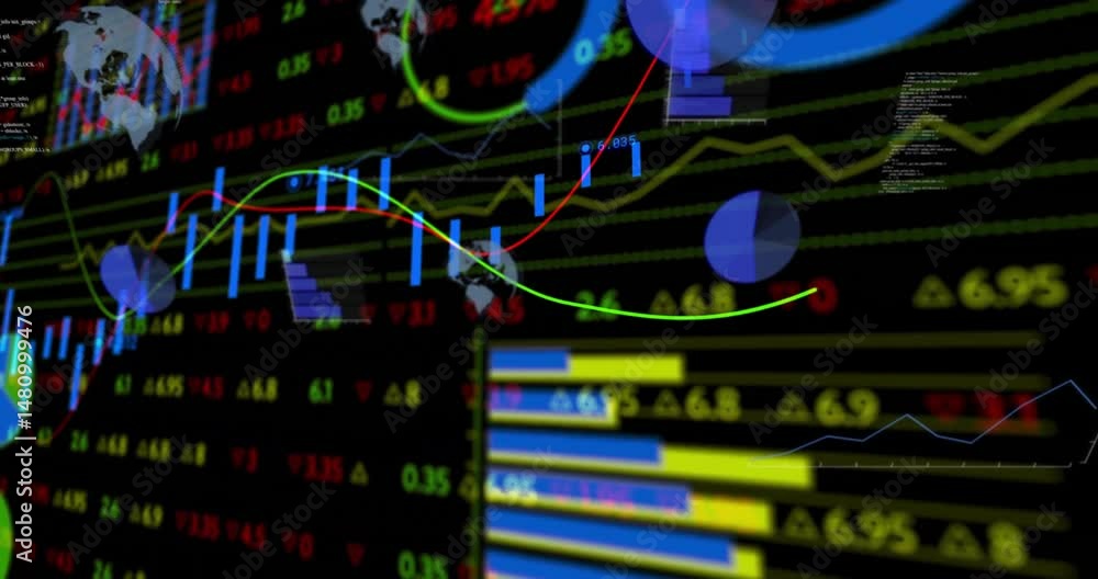Poster digital finance dashboard animating candlestick bars, trend lines, pie charts and tickers over grid
