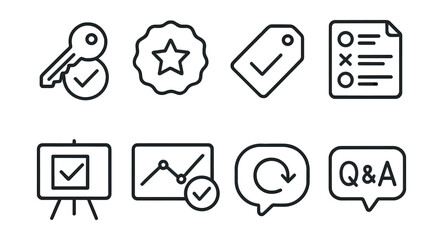 Line style icons of question and answer review: answer key icon, review option badge, check answers tag, question list file, validate answers board, quiz review chart, retake option bubble, Q&A