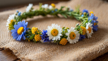 Close up of a vibrant floral crown with daisies and blue cornflowers on burlap cloth