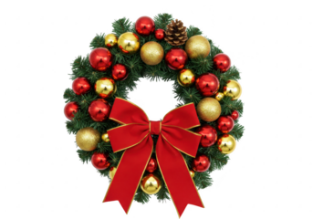 Christmas wreath with red bow and ornaments isolated on transparent background
