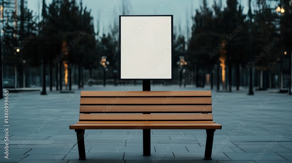 Poster empty bench with blank sign in a quiet park setting at dusk