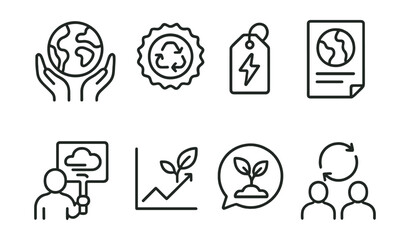 Line style icons of environmental activism: earth protection icon, recycling badge, green energy tag, climate protest file, clean air board, sustainability chart, nature conservation bubble, eco