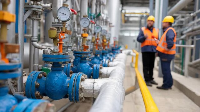 Two engineers inspecting complex piping systems in an industrial setting, showcasing teamwork and technical precision in a modern industrial environment.