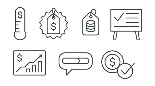 Line style icons of charity sale transparency: fundraising goal icon, sales tracking badge, donation breakdown tag, transparency board, financial report chart, progress bar bubble, honest pricing