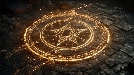Obraz premium Glowing pentagram symbol on dark stone mystical fantasy rune circle