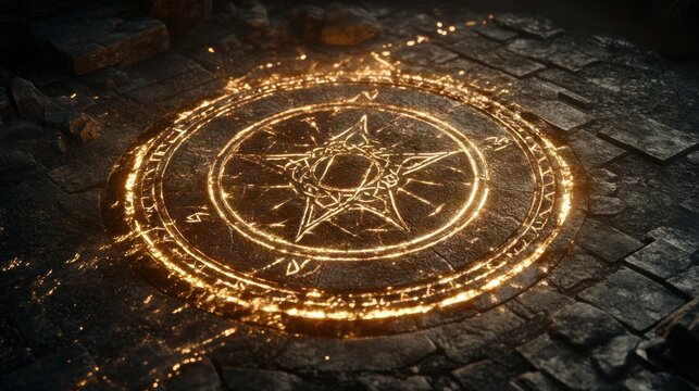 Glowing pentagram symbol on dark stone mystical fantasy rune circle
