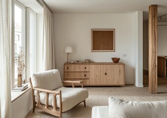 Modern minimalist living room featuring light-colored wooden furniture and neutral tones