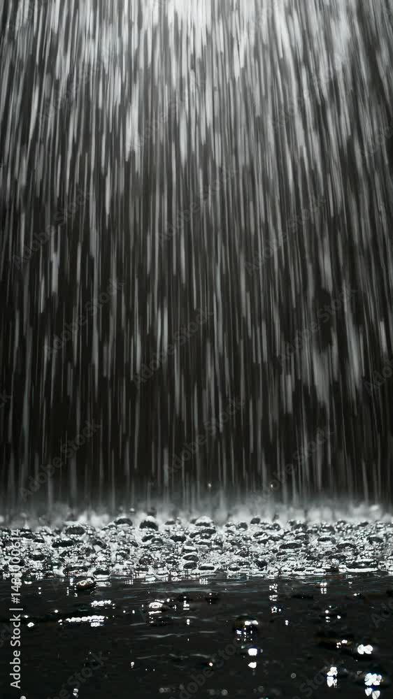 Poster a mesmerizing video of cascading water captured from a low angle, emphasizing the vertical flow and 