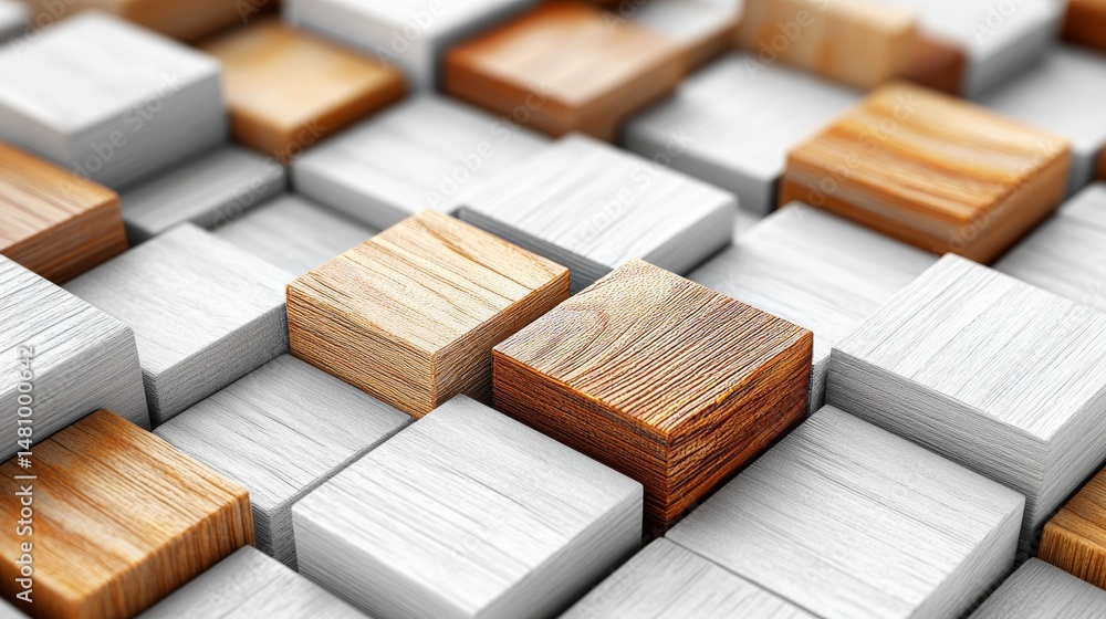 Aufkleber on a flat surface, an alternating pattern of wooden and white blocks is arranged, resulting in a tex