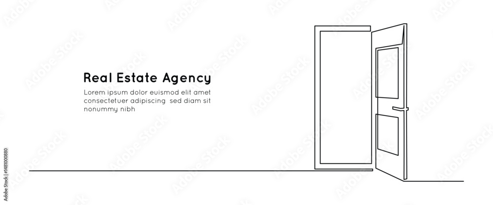Fototapete Opened door in one continuous line drawing. Front enter and exit to house in simple linear style. Future opportunity concept in editable stroke. Sketch vector illustration