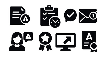 Solid style icons of educational notifications: assignment alert, test reminder, feedback ping, unread message, teacher callout, badge earned, course update, result icon.