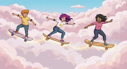 Naklejka premium Enchanting Skateboarders Soaring Through Pixel Art Skies: A Dreamlike Adventure in the Clouds