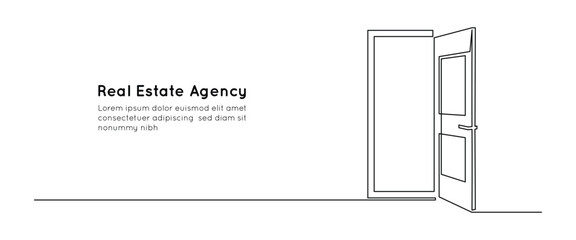 Opened door in one continuous line drawing. Front enter and exit to house in simple linear style. Future opportunity concept in editable stroke. Sketch vector illustration