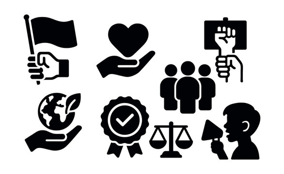Solid style icons of social change: activism flag, donation heart, protest sign, diversity icon, planet care, vote badge, fairness scale, youth voice.