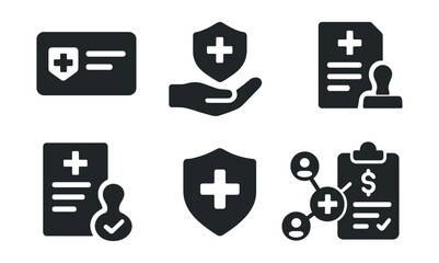 Solid style icons of health insurance: policy card, coverage icon, claim form, approved stamp, medical invoice, insurance shield, provider network, payment plan.
