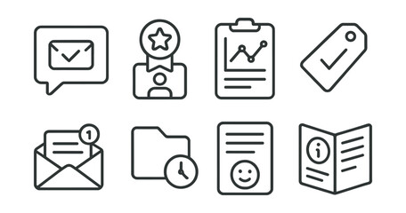 Line style icons of donor follow-up: thank-you message icon, donor badge awarded, follow-up test chart, eligibility tracker tag, reminder to return card, donation interval file, feedback form icon,