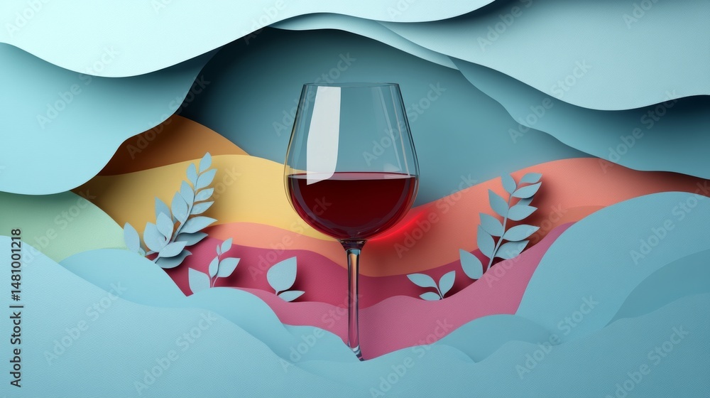Poster the red wine in a wineglass is set against a backdrop of abstract colorful layered shapes adorned wi