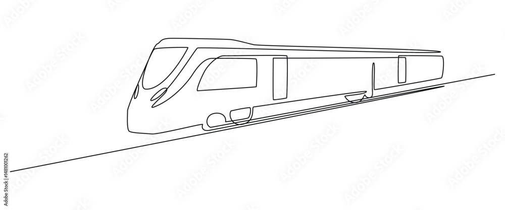 Poster train and railway station in one continuous line drawing. metro and subway symbol in simple linear s