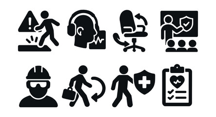 Solid style icons of occupational health: workplace hazard, hearing test, ergonomic chair, safety training, PPE icon, return to work, injury prevention, health audit.