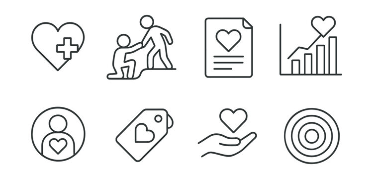 Line style icons of donor motivation: save a life heart, help someone symbol, act of kindness file, community impact chart, personal story of giving badge, be someone’s reason tag, donate with love