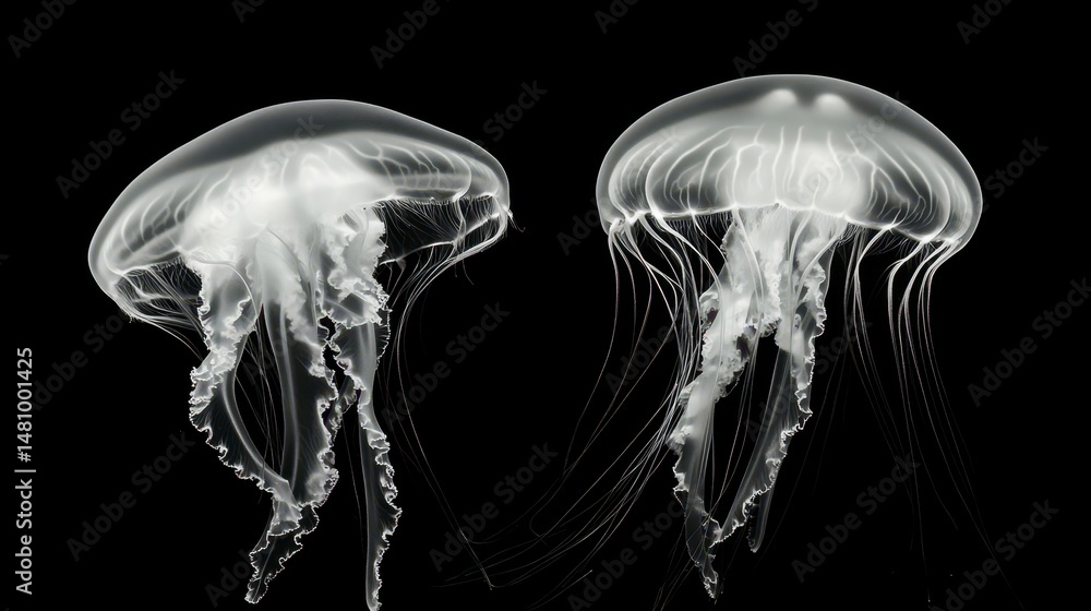 Poster two translucent jellyfish isolated on black background.