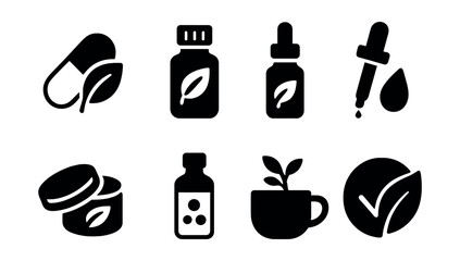 Solid style icons of herbal and natural pharmacy: herbal capsule, essential oil, plant extract, tincture dropper, natural balm, homeopathy bottle, tea blend, organic icon.