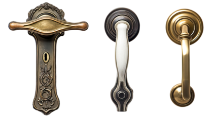Set of three different door handles with distinctive finishes