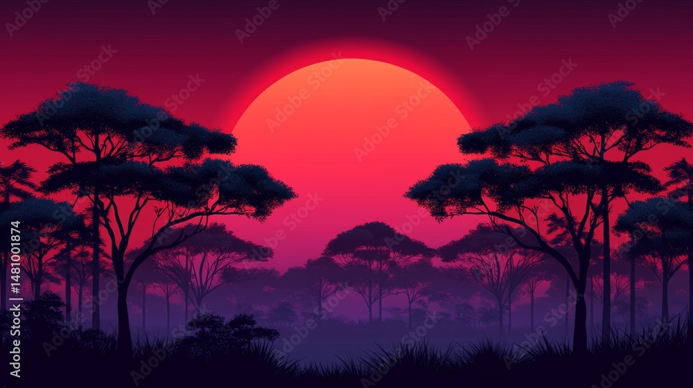 Poster the landscape is painted with red trees set against the backdrop of a resplendent sunset, resulting 
