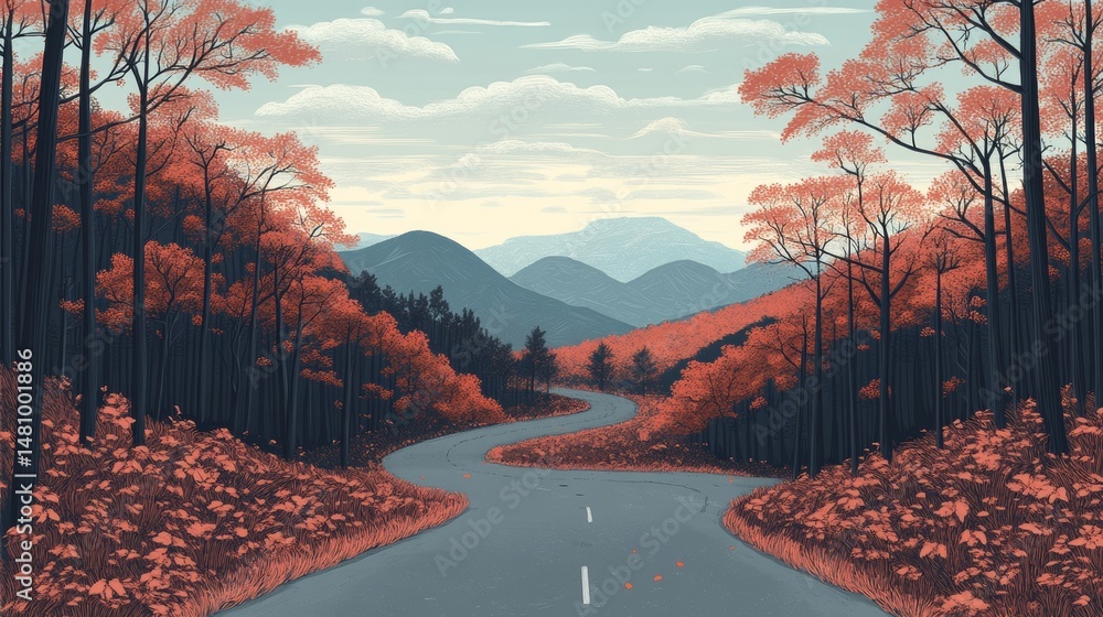 Poster a pathway is visible, extending towards the distant hills and bordered by trees with bright orange h