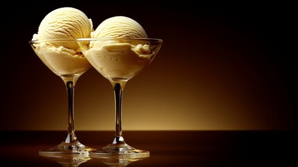 A brown backdrop serves as the setting for two ice cream sundaes that are placed side by side in glass dessert cups and topped with a caramel drizzle