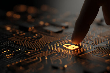 Finger activates glowing lock icon on illuminated circuit board, symbolizing digital security and data protection