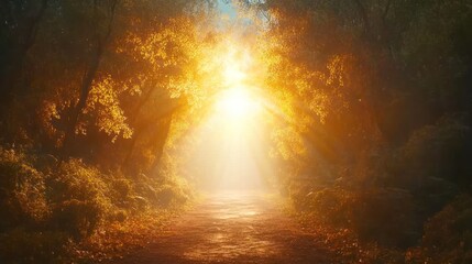 Sunlit autumn path through misty forest golden light nature scene