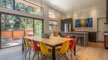 Modern dining room with large windows and colorful chairs