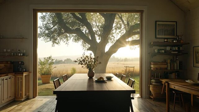 Interior kitchen with expansive outdoor view.
