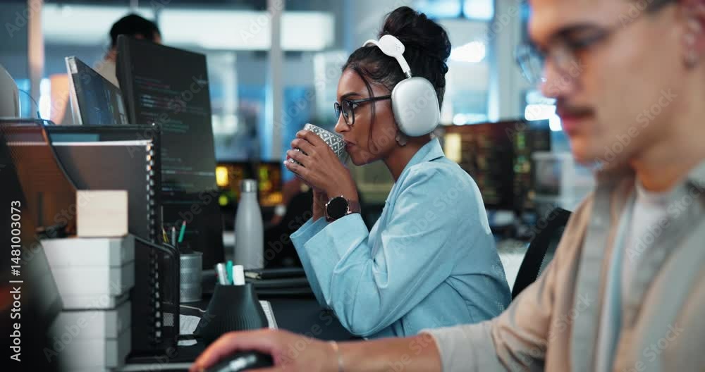Poster Coffee, computer and music with programmer woman in office for coworking or software development. Coding, headphones and web design with developer or engineer in workplace for virtual update