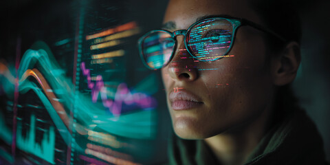 Close-up of woman's face, glasses reflecting code and data, symbolizing technology, innovation, and data analysis in a dark setting