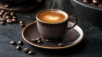 Steaming Cup of Coffee with Beans on a Dark Background