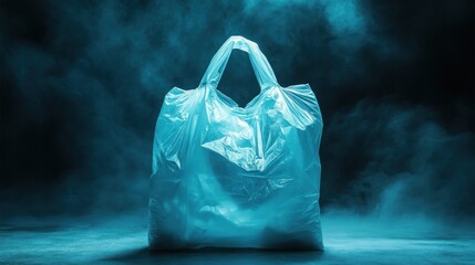 Translucent plastic shopping bag in teal dramatic lighting